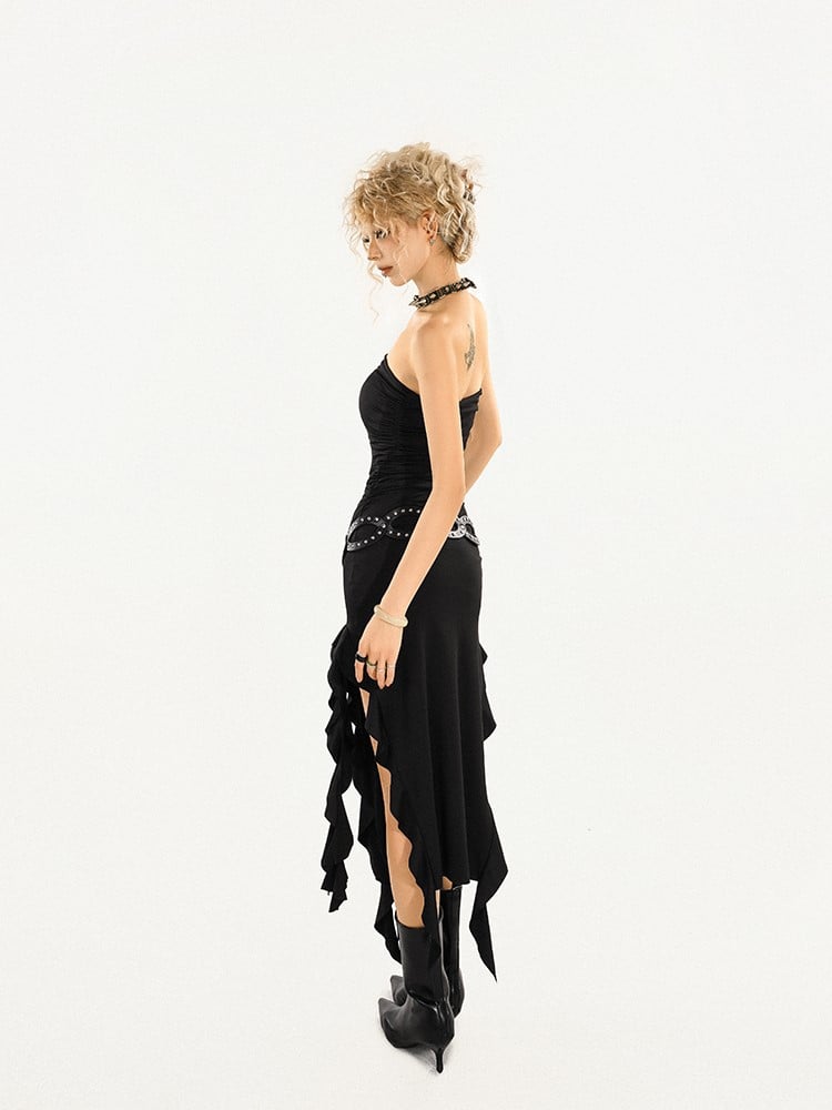 Black Hem Convertible Side Strapless Cascading Slit Dress/Skirt with 2-in-1 Ruffle Knit