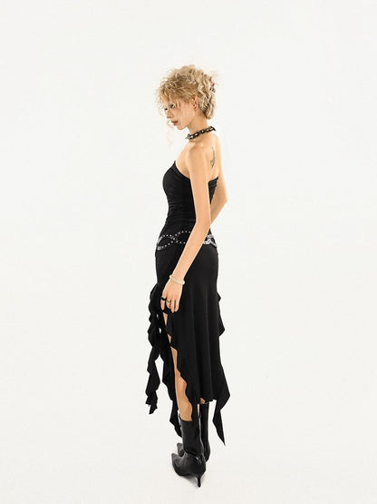 Black Hem Convertible Side Strapless Cascading Slit Dress/Skirt with 2-in-1 Ruffle Knit