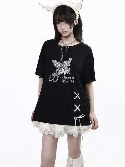 Black Butterfly Round Neck Top with Lace & Ribbon - PINK SAVIOR