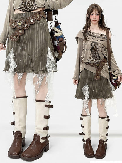 アクセントストライプレースフリルファッションコントラストカスケーディングミラードアーミーグリーンパッチパターンスカート