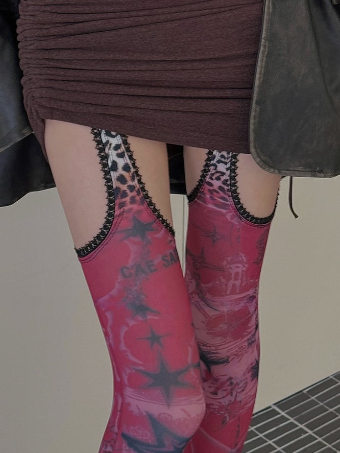 Red Star Leopard Print Spitzenbesatz Strapsstrumpfhose LW057