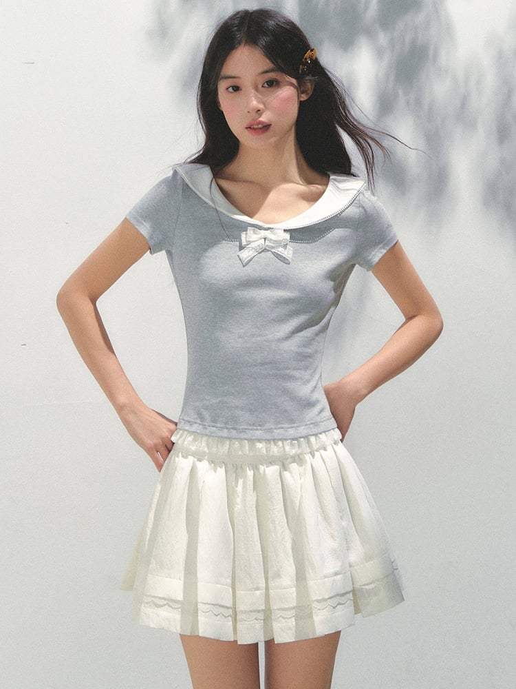 White and Skirt Kawaii Ruffled Pleats Details with Lace