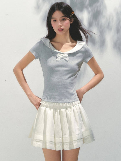 White and Skirt Kawaii Ruffled Pleats Details with Lace