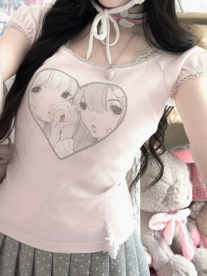 Girl Print Light Pink Scoop Neck Puff Sleeve Lace Top - Kyouko Baby