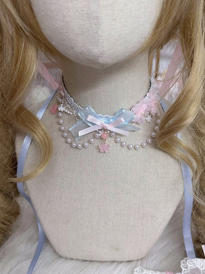 Blue with Sweet Lolita Bow Pink Sakura and Choker Pendant Bead Chain