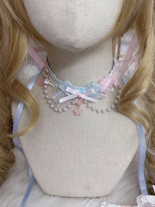 Blue with Sweet Lolita Bow Pink Sakura and Choker Pendant Bead Chain