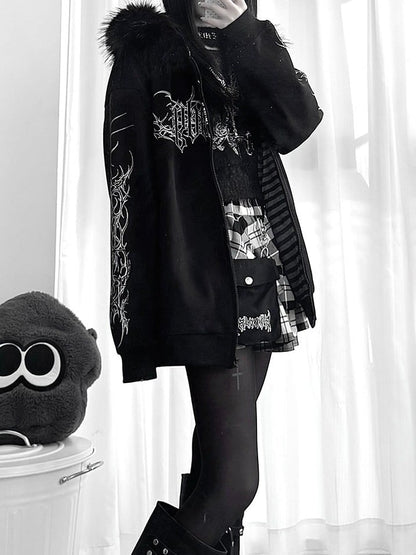 Y2K Dark Hooded Jacket with Detachable Fur Collar and White Floral - Alita26SS