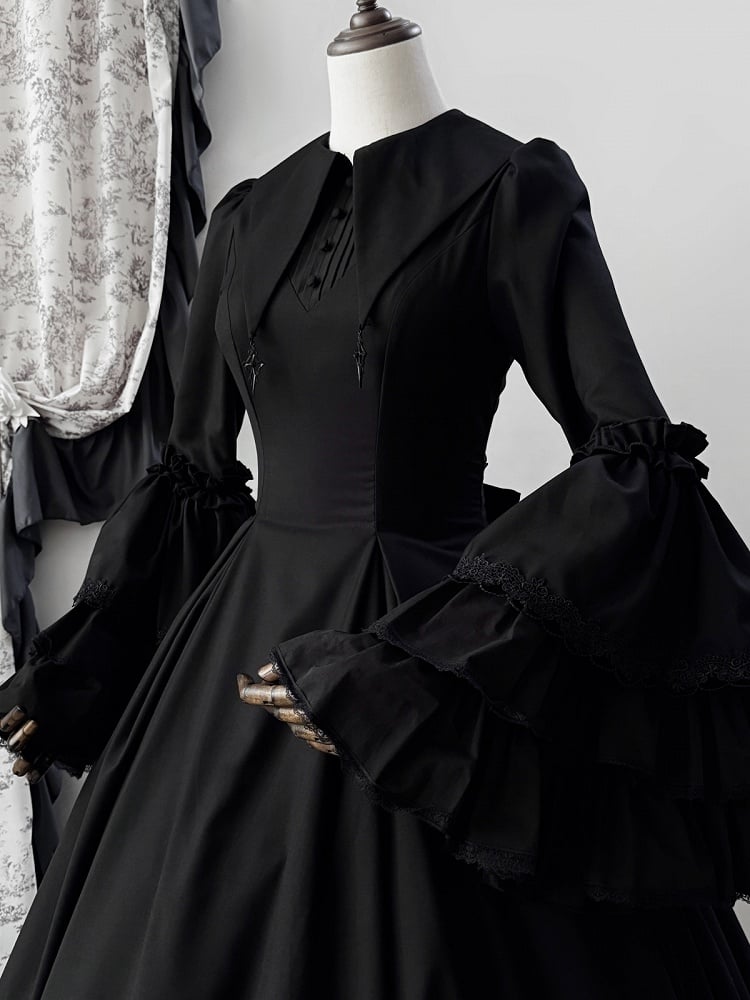 Lolita Bell Pointed Clearance-Size Long M Bust 90CM Gothic Witchy Sleeves Dress Collar Black for