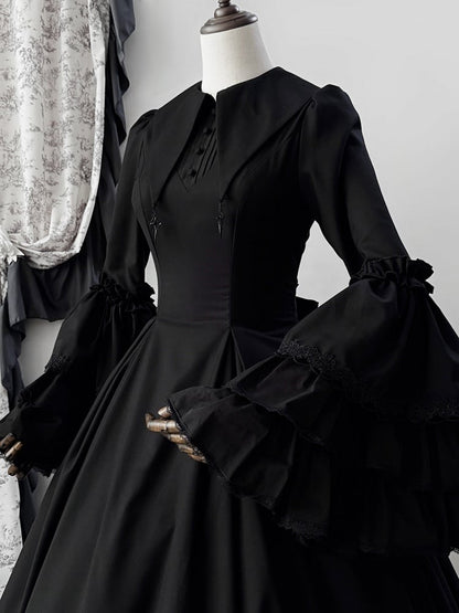 Lolita Bell Pointed Clearance-Size Long M Bust 90CM Gothic Witchy Sleeves Dress Collar Black for