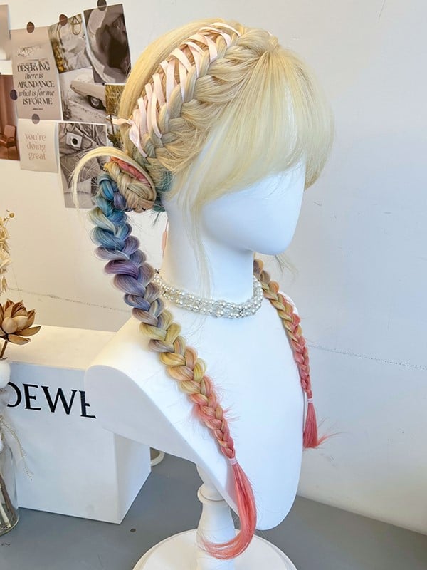 Synthetic Wig Braided With Bangs Yellow Ponytails + Curtain Double Rainbow