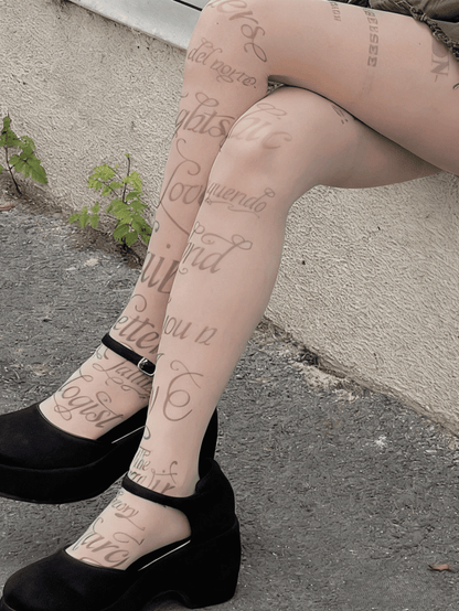 White/Nude Semi-sheer Pantyhose Print Letter