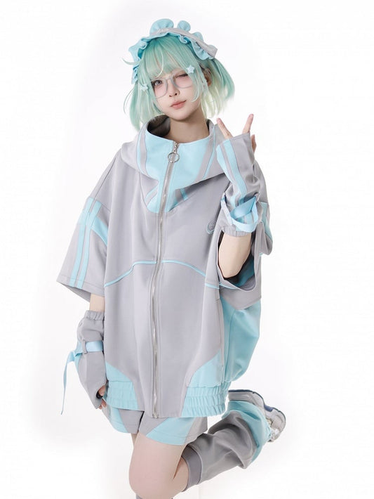 Ärmel Reißverschluss Hoodie Grün und Grau Jirai Kei Techwear Riemen Design Kurz