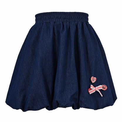 Buttons Faded Wash Denim Bubble Skirt Plaid Blue Elastic Waist