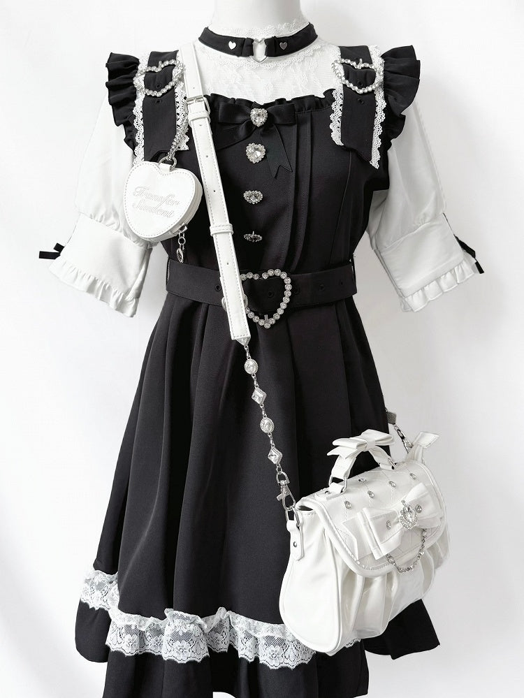 Hand/Crossbody Kei Rhinestone Detachable White Accent Bag Crown-Embellished Strap Bow in Jirai