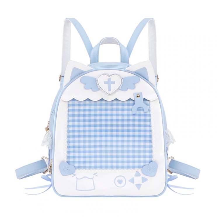 Weiß-blaues Kätzchenohr- und Flügeldesign Yami Kawaii Ita Rucksack