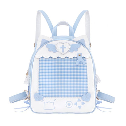 Weiß-blaues Kätzchenohr- und Flügeldesign Yami Kawaii Ita Rucksack