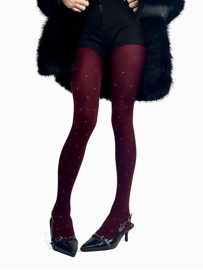 ダークグレー/ライトグレー/レッドの水玉模様の冬用タイツ