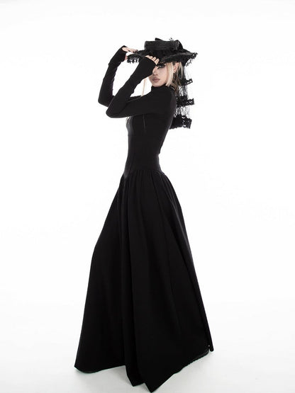 Black A-Line High-Neck Dress with Gothic Thumbhole Cuffs