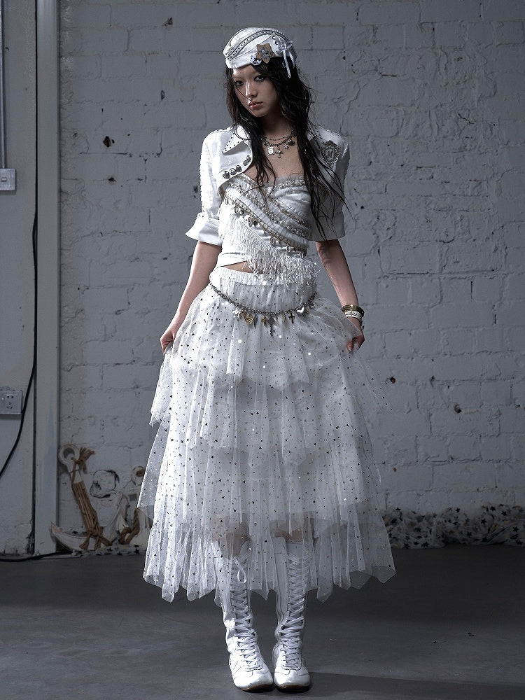 Metal White and Buttons Studs with Open Placket Navycore Top Pointed Flat Collar 