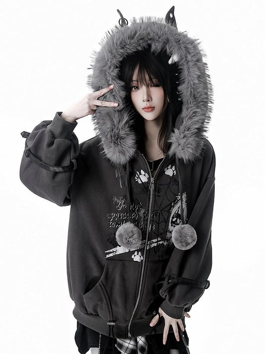 Trim Accents Hooded Grey Ear Spiderweb Hood Prints Plush Jacket with - Bittersweet Wolf