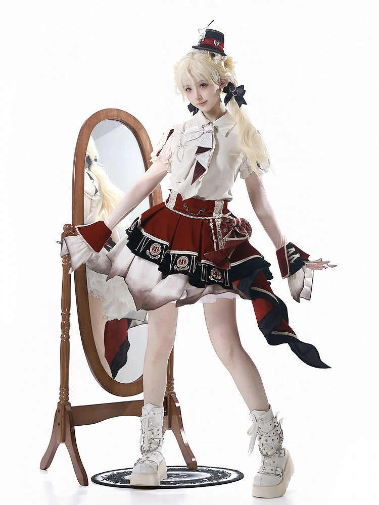 Red Black Juliette Sleeves Preppy Lolita Blouse Asymmetric Skirt Set - Unknown Star