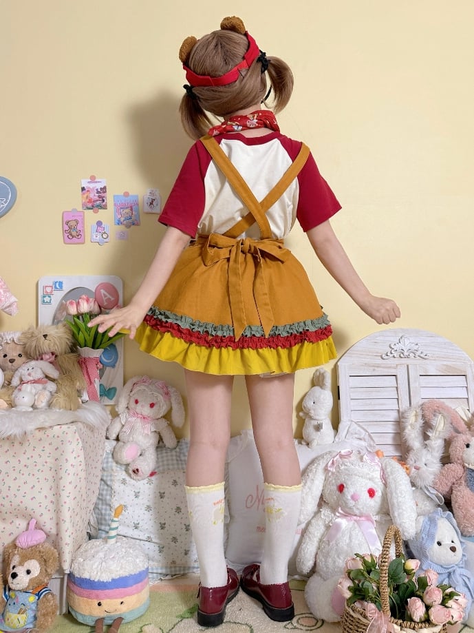 with Khaki Overalls Sweet Bowknots Hamburger Striped Cute Teddy