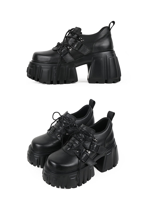 Buckle Shoes Black with Closure Lace-up Details Platform