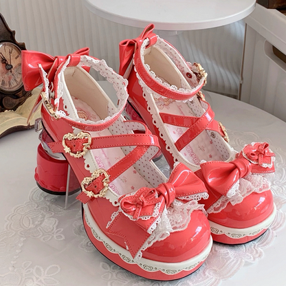 Lace-edged Platforms Transparent Ball-shaped Rose Heels Bow Pink PU - Lolita
