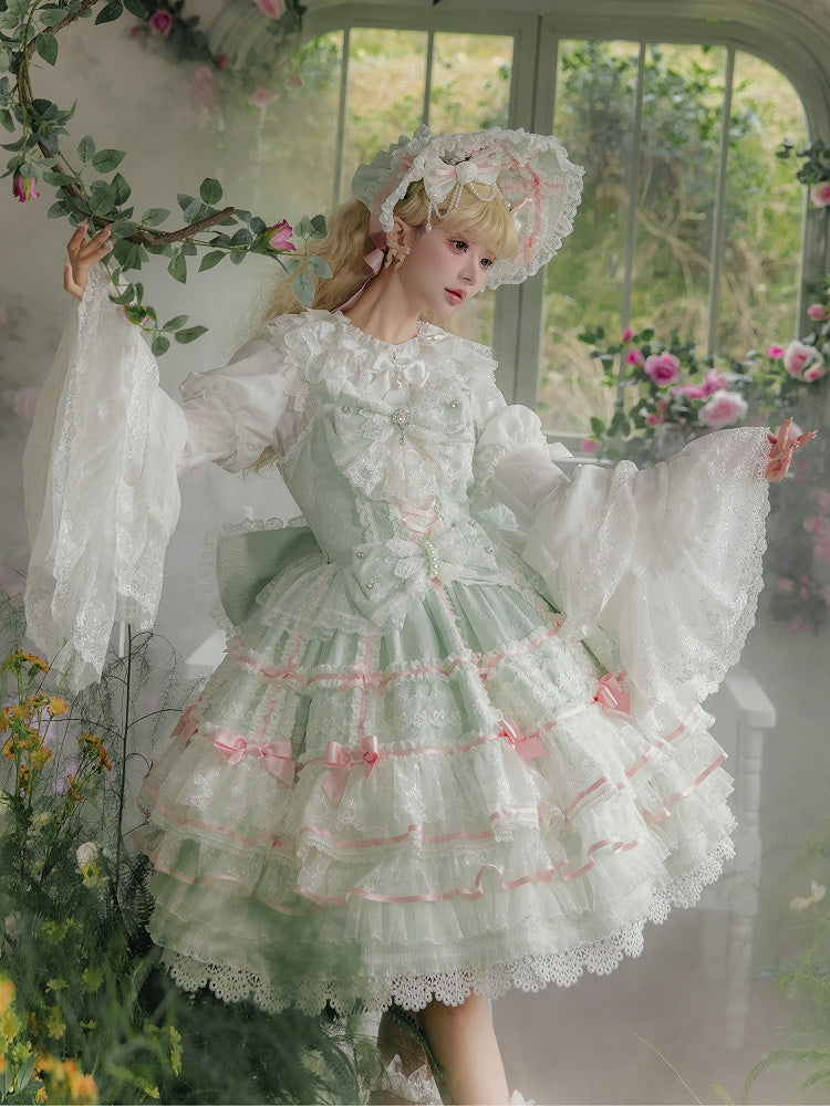 Detachable Sweet Bows Green Skirt Mint JSK Hime Layered Dress Hanayome with Lolita