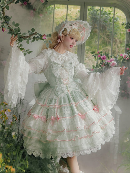 Detachable Sweet Bows Green Skirt Mint JSK Hime Layered Dress Hanayome with Lolita