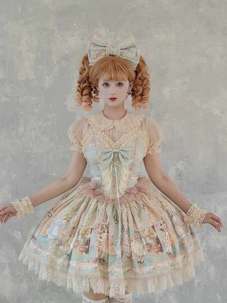 Lolita Süße Set Mieder Grün Print Minty Kitty Tee JSK Kleid Korsett Party Volle