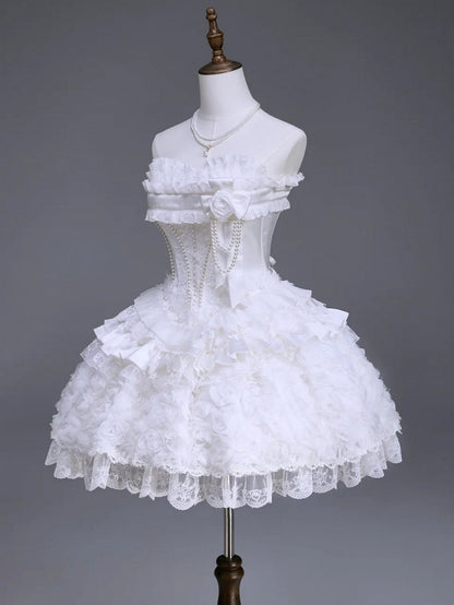 Snow Theme Elegant JSK Dress with Pearl and Floral Brooch - Airfreeing