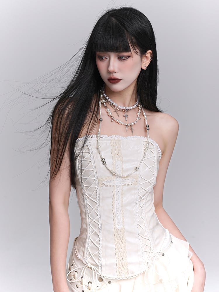 アシンメトリーヘムティアードスカート ストラップレストップ レース編み上げ ベージュクロスアップリケ /