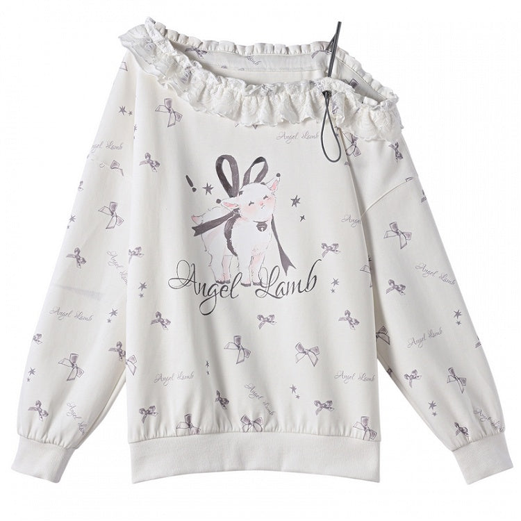 フリル付きアシンメトリーラム＆リボンプリントのホワイトネックラインスウェットシャツ