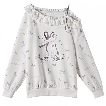 フリル付きアシンメトリーラム＆リボンプリントのホワイトネックラインスウェットシャツ