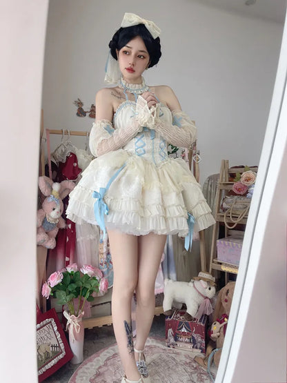 Cross Belle Beige und Blau Neckholder Korsettkleid Balletcore Lolita JSK