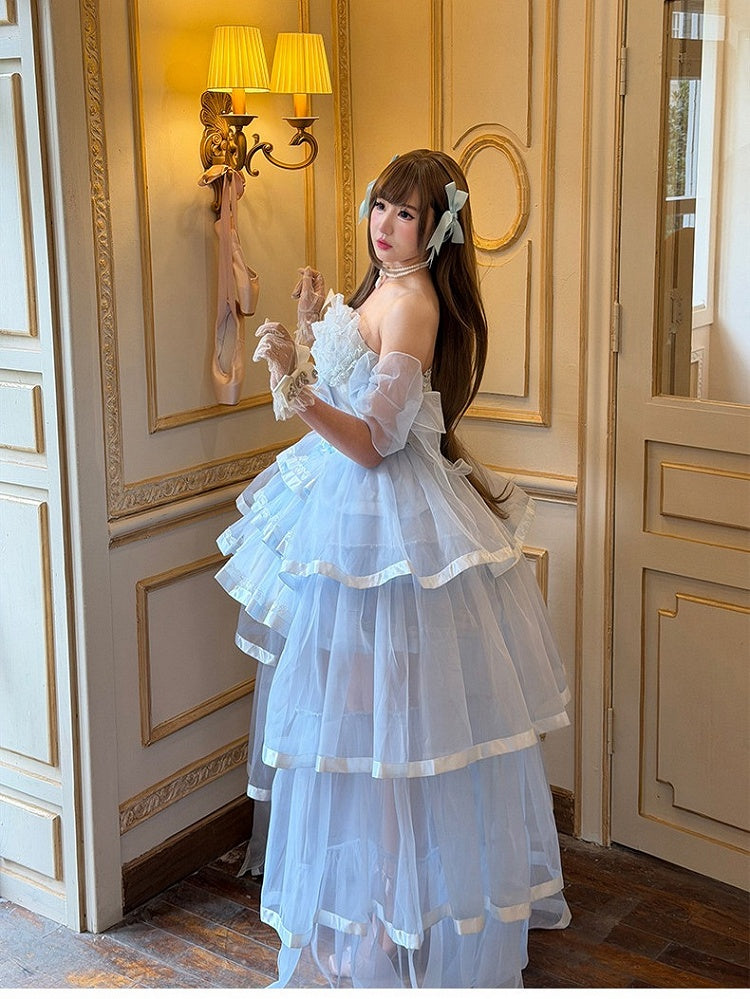 Blue Elegant Lolita Jumper Dress with Train and Sleeves - Diamond Honey