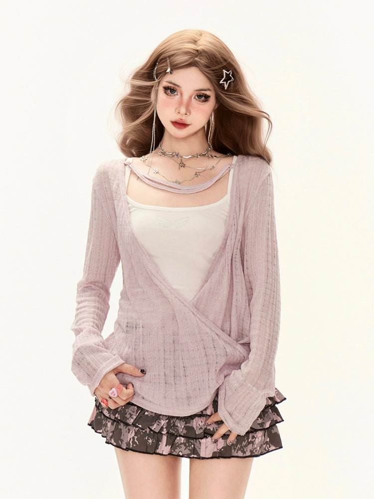 Cover-Up Strickjacke Stricken Schutz Lose Lila V-Ausschnitt Sonne Tief mit