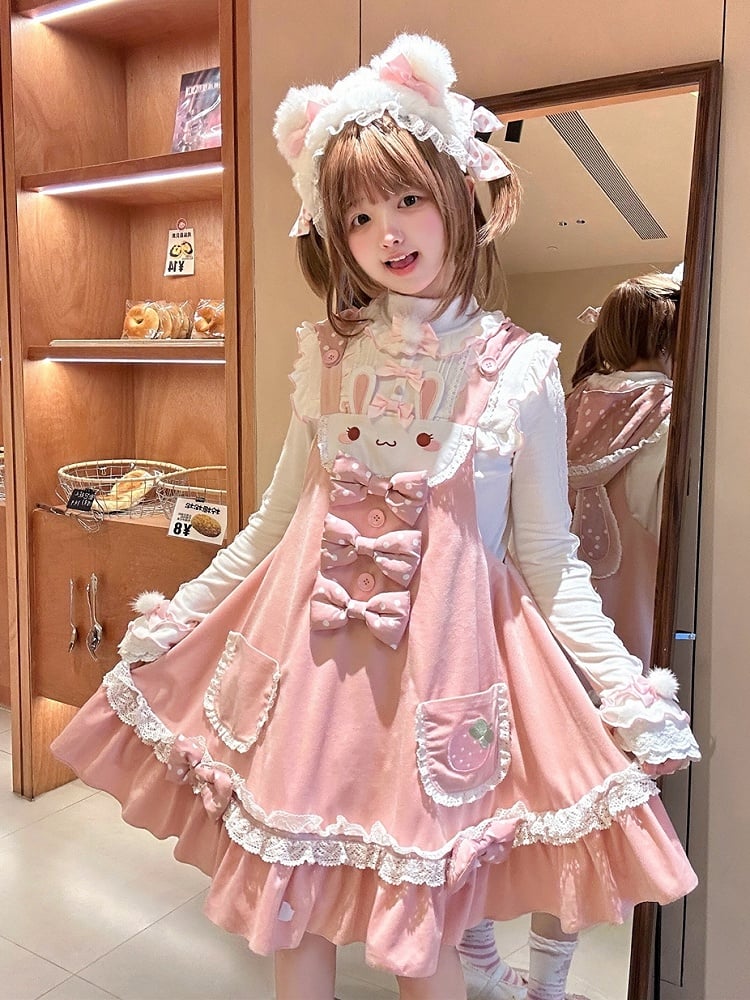 on Polka-dot Bowknot Lolita Jumper Skirt Details Bunny Ears Design Sweet Waist Hood Pink