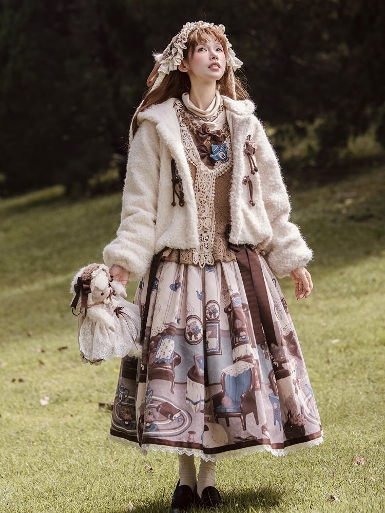 Beige Sweet with Star-Accented Plush Lolita Drawstring Coat Toggles