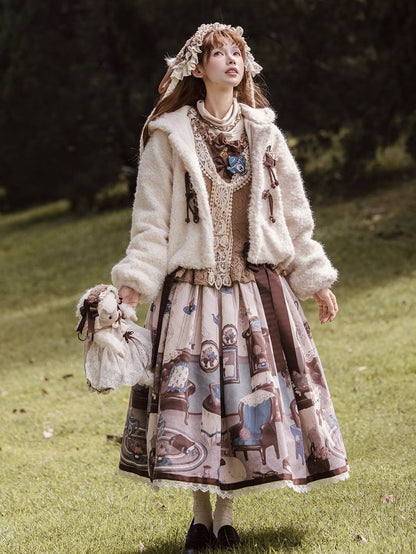 Beige Sweet with Star-Accented Plush Lolita Drawstring Coat Toggles