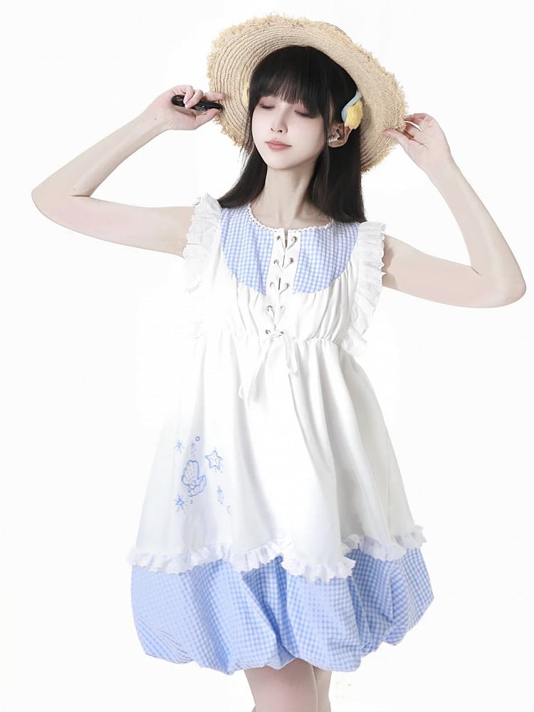 Bubble Skirt Plaid Flutter Sleeves Dress Blue Seashell and Starfish Embroidery White and