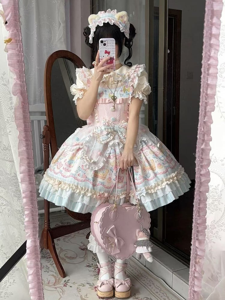 Dress Ruffle Bow Details JSK and Macaron with Lolita Print Sweet Cake Color