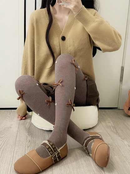 Milk White/Coffee/Gray Sweet Bowknot Heart Tights