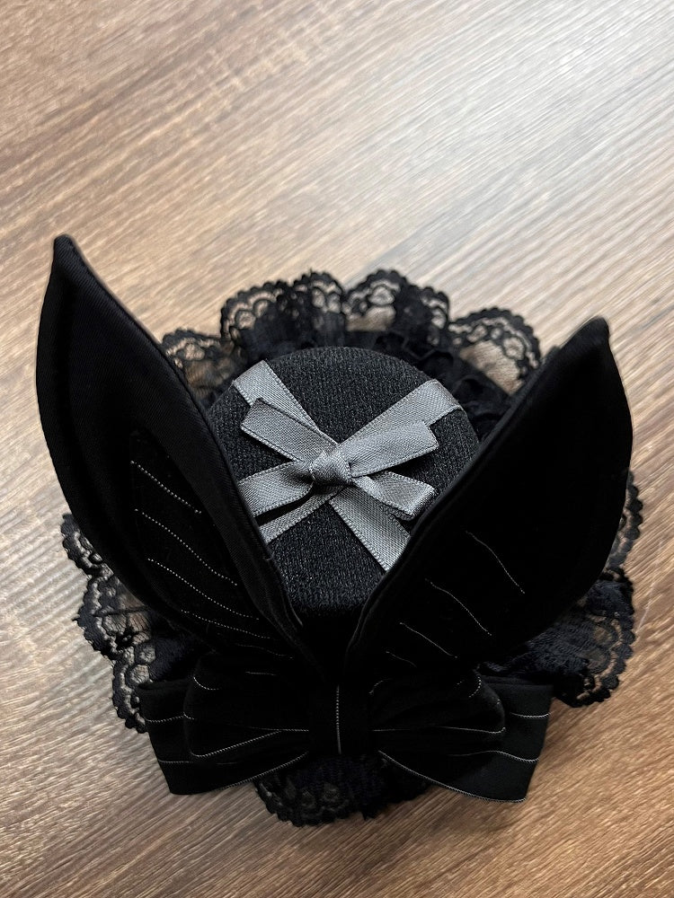 Details with Hat Design Mini Ear and Lace Bunny Lolita Bow Black