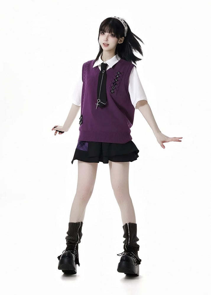 Skort Purple Buckle Strap Design Black  Plaid Patchwork