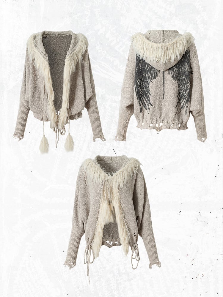 Trim Light Punk Cardigan Wing Faux Grey Fur Print Y2K Batwing with Sleeve