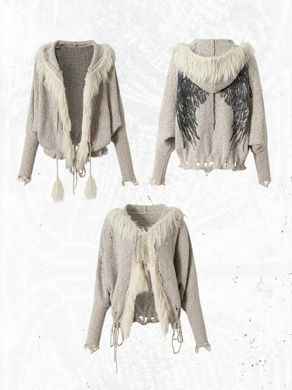 Trim Light Punk Cardigan Wing Faux Grey Fur Print Y2K Batwing with Sleeve