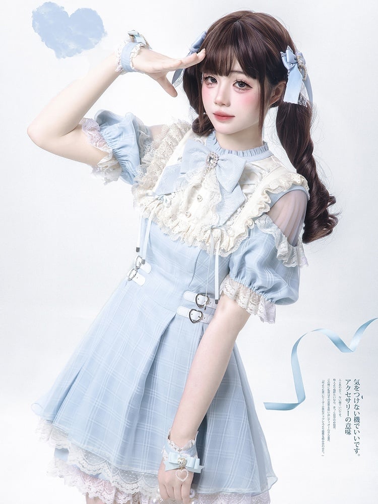 Blue Plaid and Neckline Lace-up with Cutout Kei Light Dress Jirai Shoulder