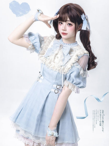 Blue Plaid and Neckline Lace-up with Cutout Kei Light Dress Jirai Shoulder